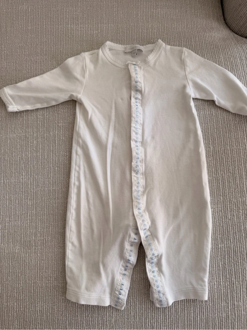 White Footless Baby Onsie with Blue Trim